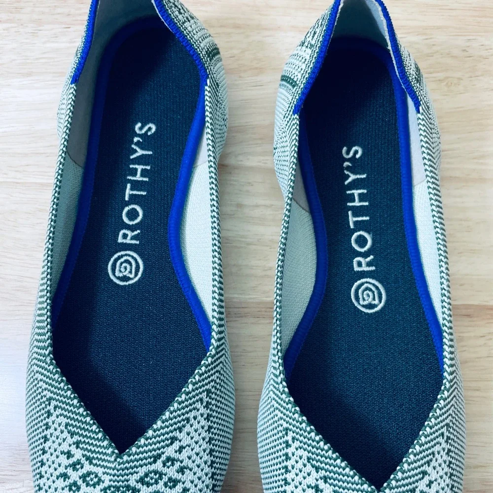 Rothy's The Point Olive Green White Geometric Knit Flats Shoes Women's 9